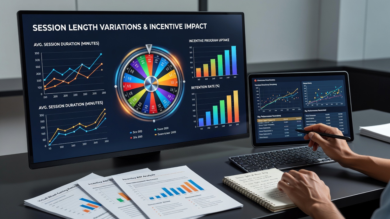Analytics dashboard displaying session duration comparisons across different incentive types in online wheel gaming